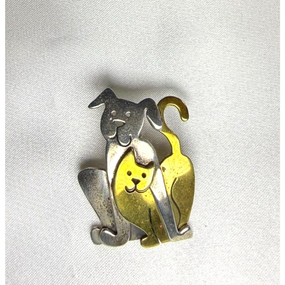 Vintage Far Fetched Cat and Dog Stick Pin Mixed Metal Brass Silver Tone Artisan